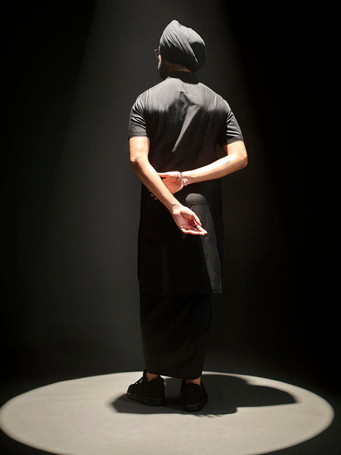 Men's Black Plain Viscose Kurta Lungi Set